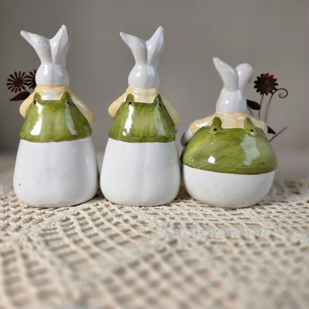 Hand-Painted Ceramic Bunny Figurines With Green Overalls & Sunflower Accents - Picture 2 of 5